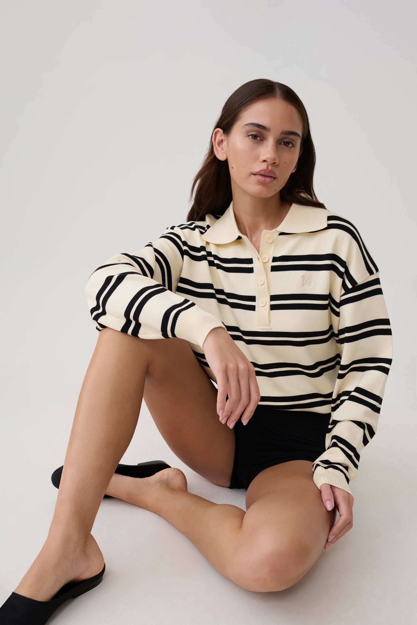 Philly Streifen Langarm Strickpullover - Elfenbein/Schwarz