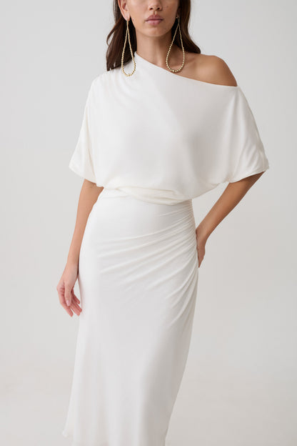 Alva Wolle Lyocell Drapiertes Midi-Kleid - Weiß