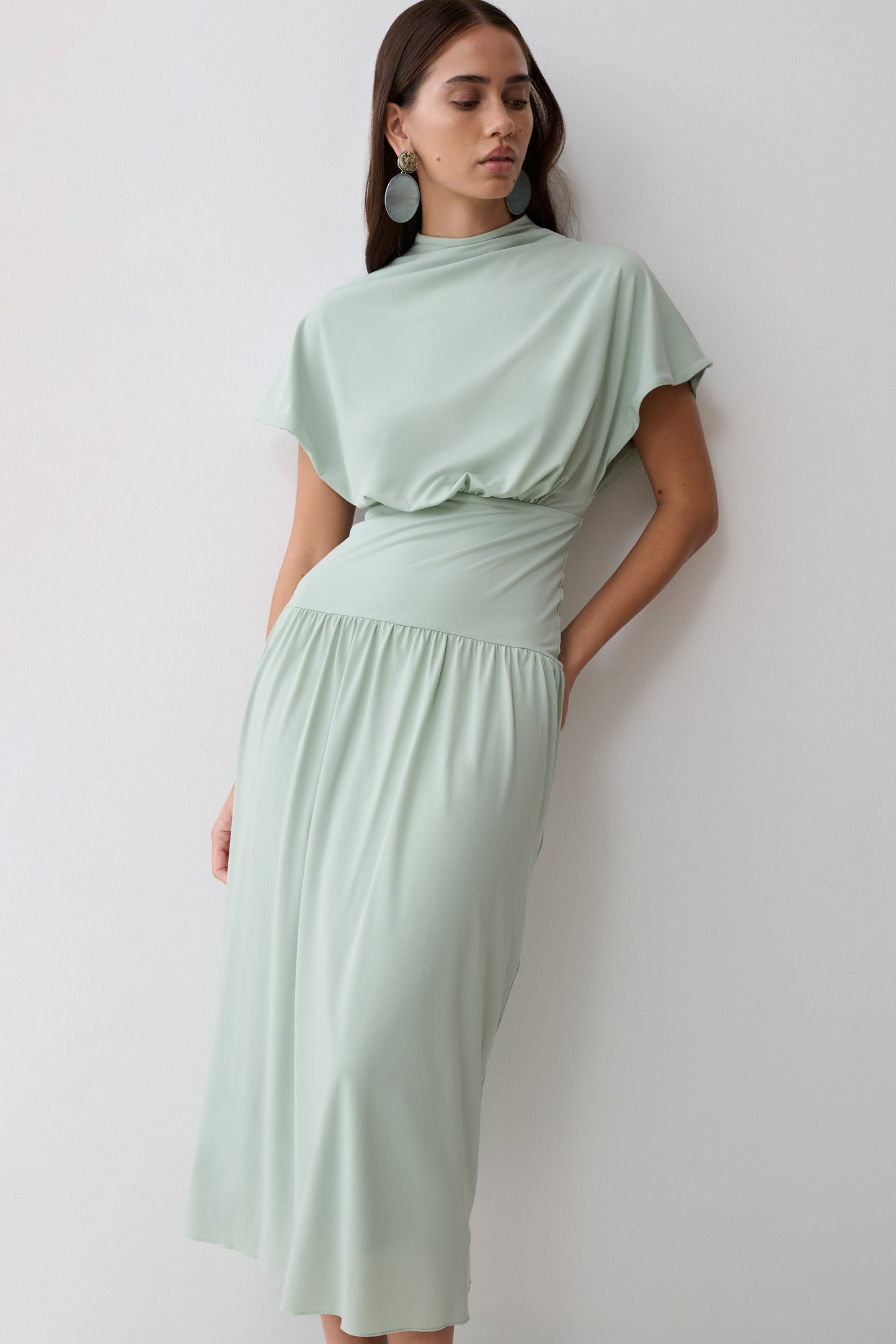 Ailla Hoher Hals Cowl Midi Kleid - Aqua Grau