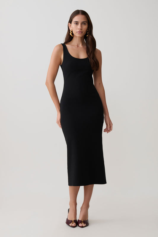 Allyra Scoop Stretch Crepe Midi Kleid - Schwarz
