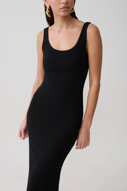 Allyra Scoop Stretch Crepe Midi Kleid - Schwarz