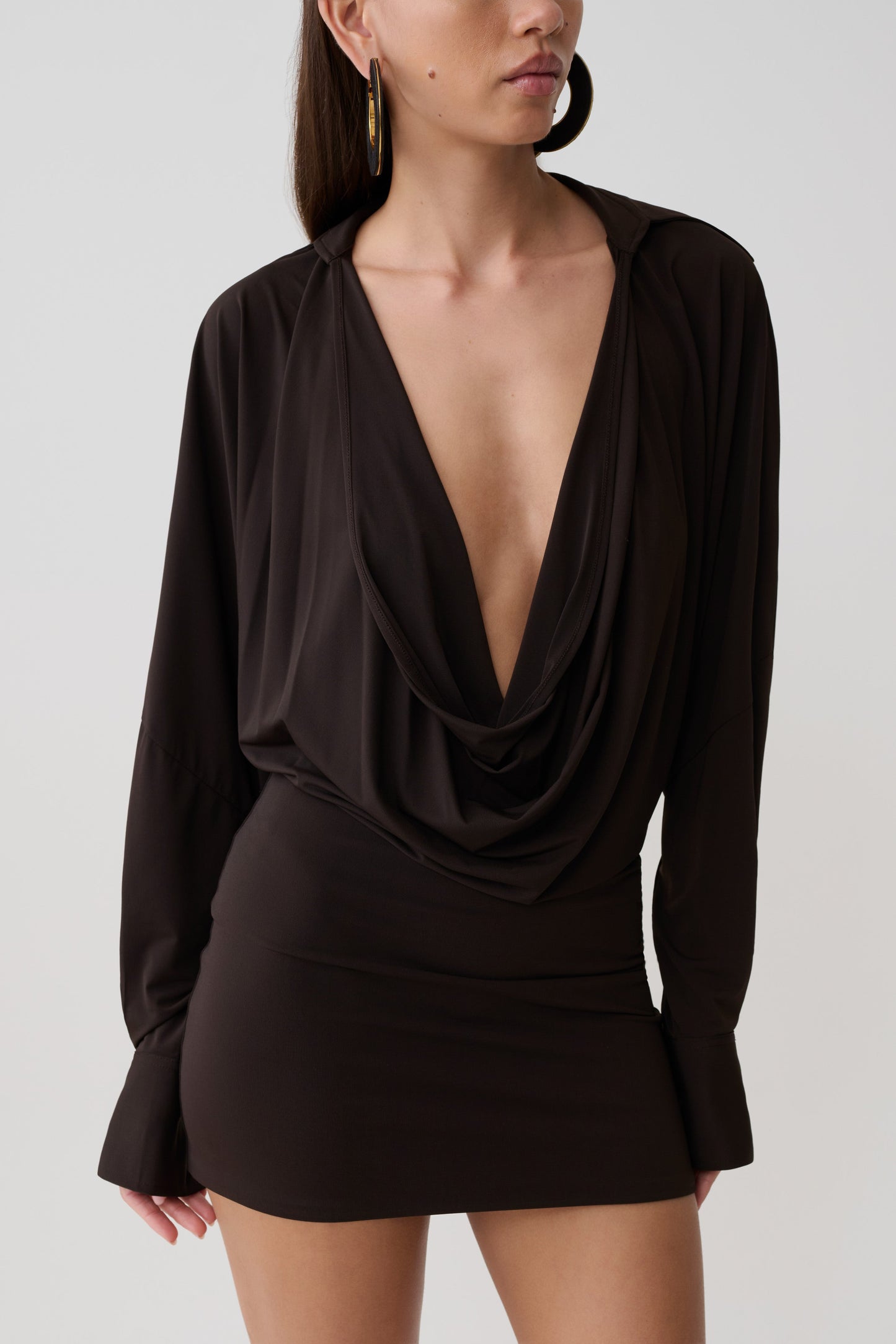 Soleia Cowl Drape Shirt Kleid - Bittere Schokolade