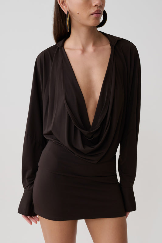 Soleia Cowl Drape Shirt Kleid - Bittere Schokolade