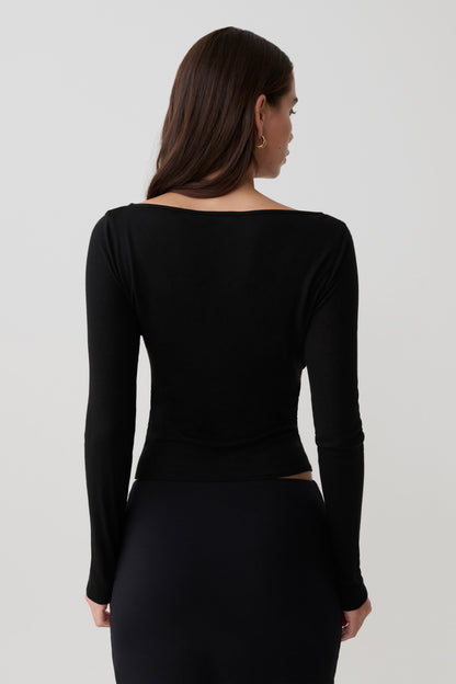 Coraline Langarm Sheer Top - Schwarz