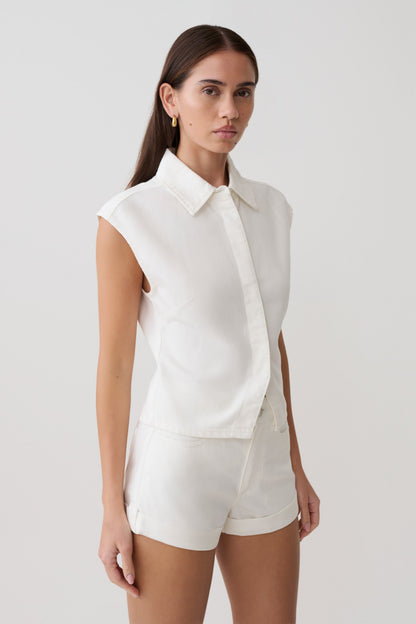 Jeremy Collared Denim Longline Top - Weiß