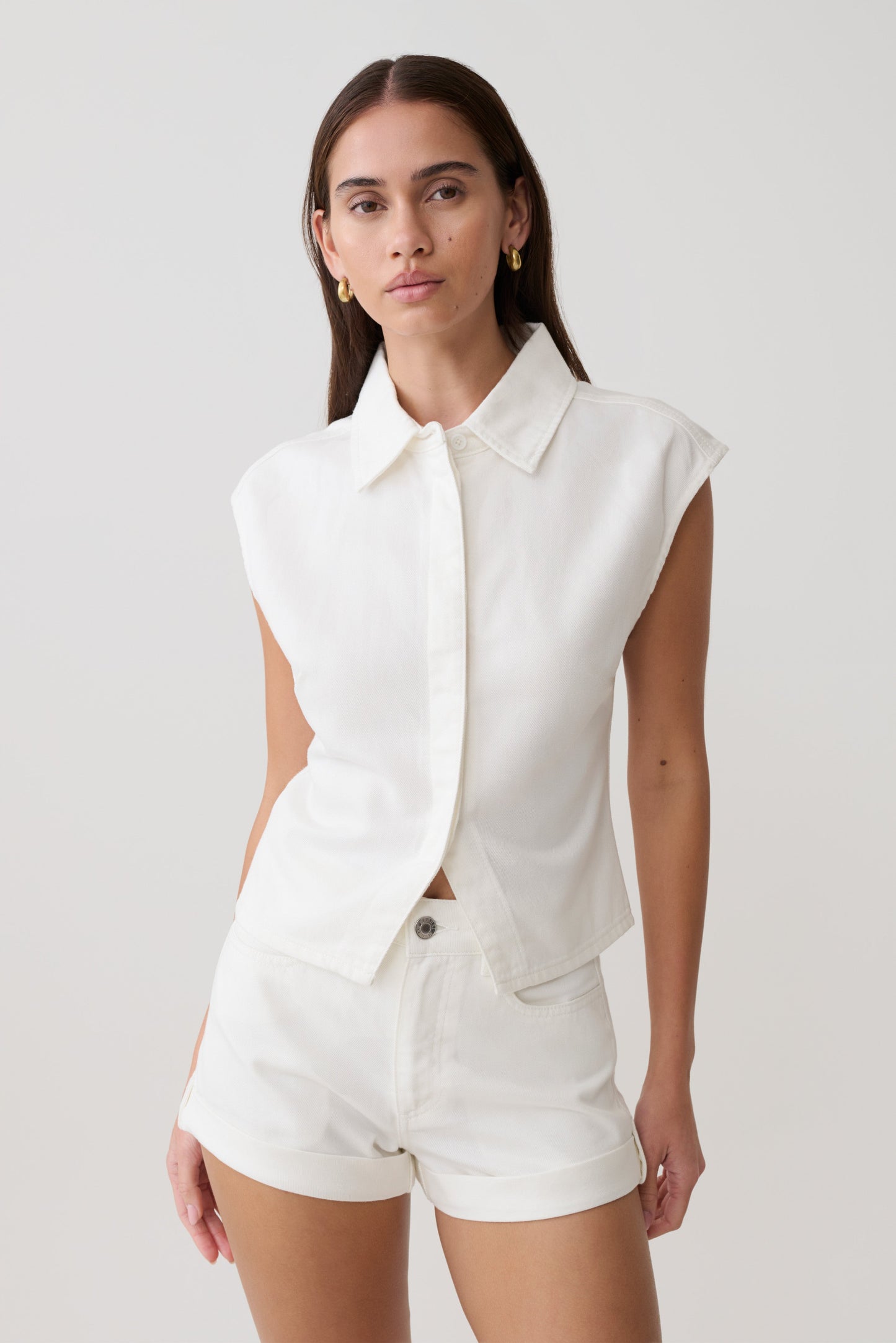 Jeremy Collared Denim Longline Top - Weiß