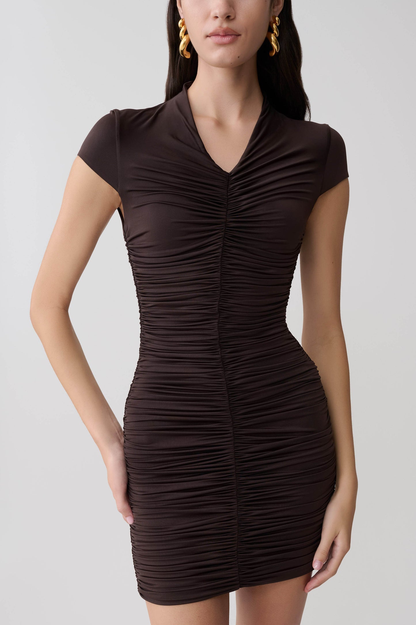 Alphine Gathered Kurzarm-Minikleid - Schokolade