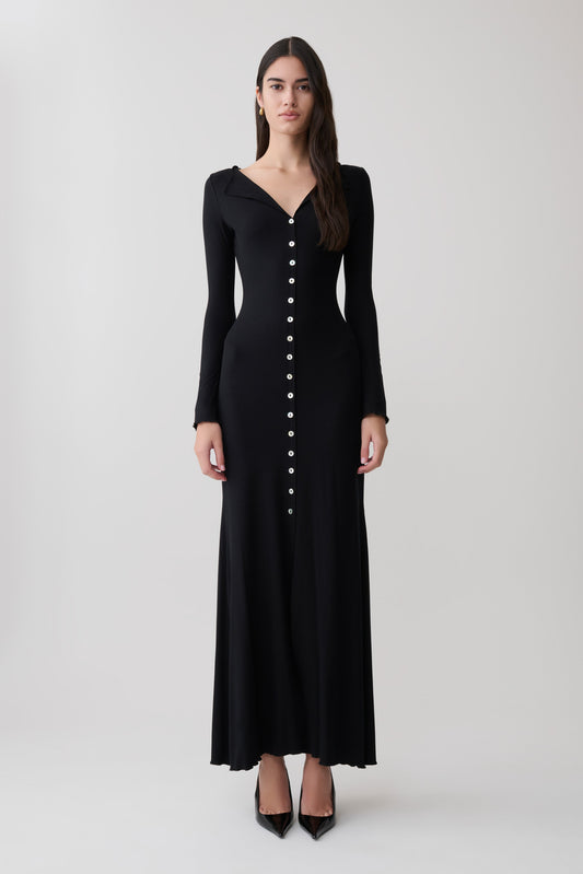 Tanya Knopf-Longsleeve-Maxi-Kleid - Schwarz