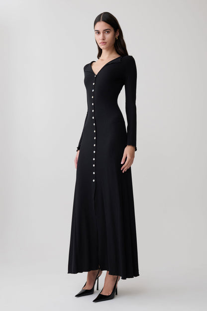 Tanya Knopf-Longsleeve-Maxi-Kleid - Schwarz