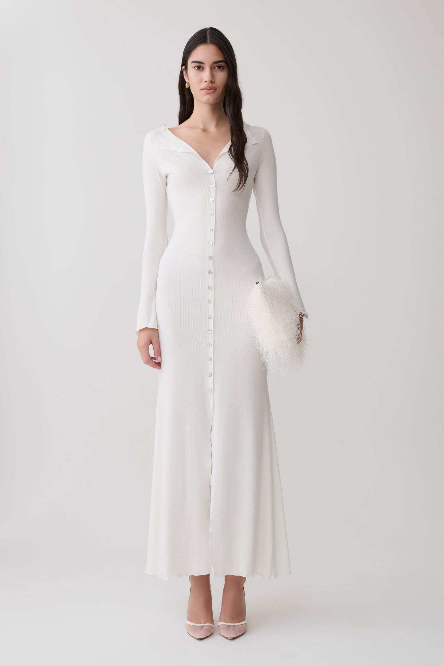 Tanya Knopf-Longsleeve-Maxi-Kleid - Weiß
