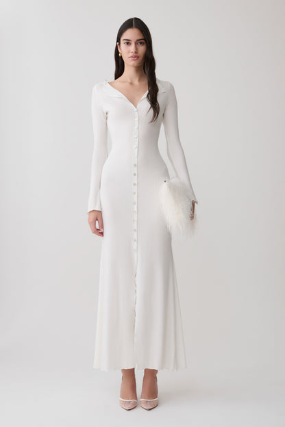 Tanya Knopf-Longsleeve-Maxi-Kleid - Weiß