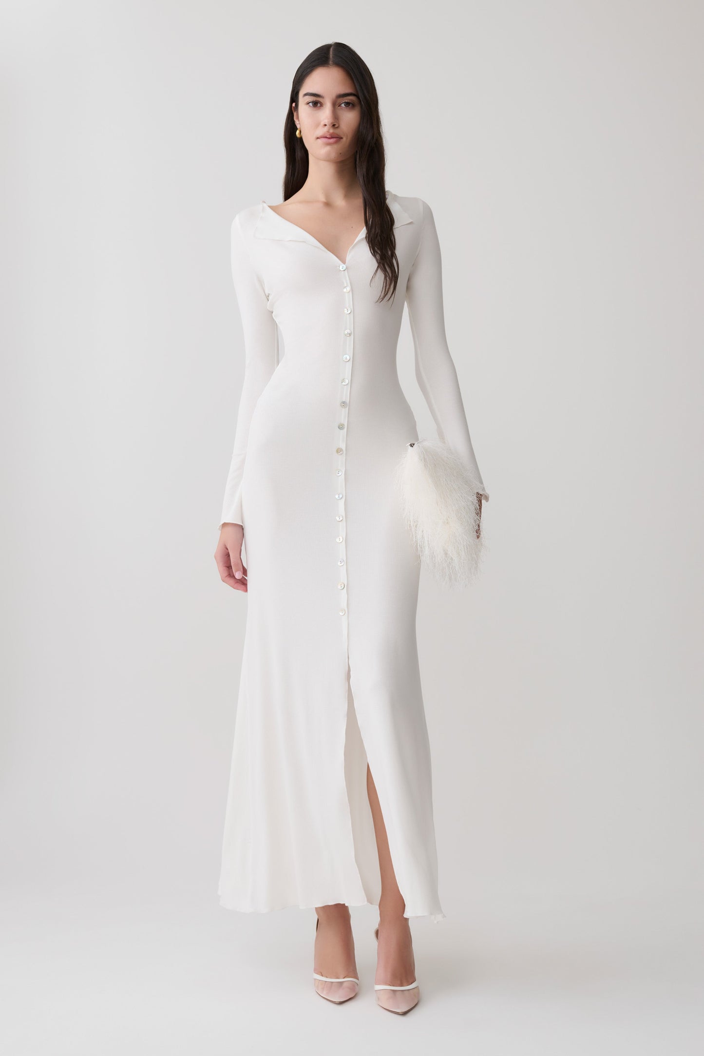 Tanya Knopf-Longsleeve-Maxi-Kleid - Weiß