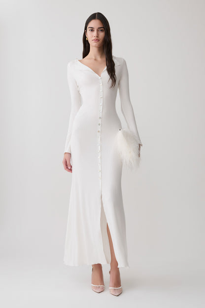 Tanya Knopf-Longsleeve-Maxi-Kleid - Weiß
