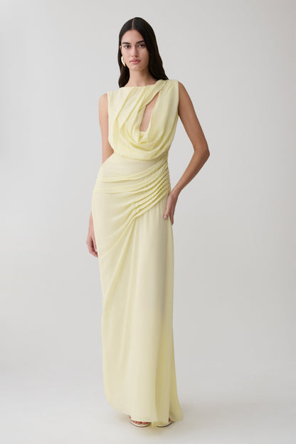 Oria Chiffon Maxikleid - Pastell-Zitronenfarbe