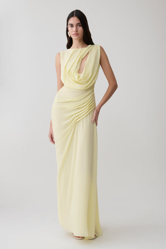 Oria Chiffon Maxikleid - Pastell-Zitronenfarbe