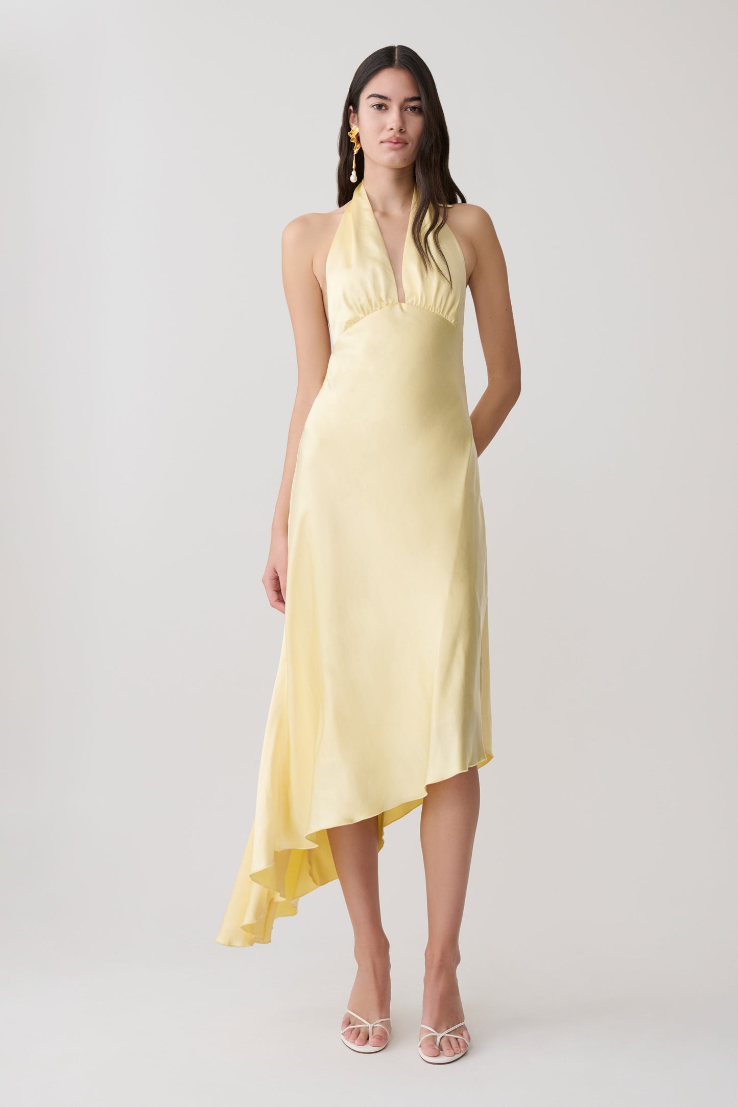 Adelie Asymmetrisches Saum Halter Midi Kleid - Butter