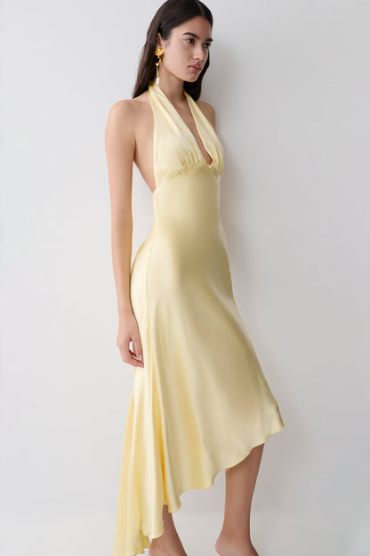 Adelie Asymmetrisches Saum Halter Midi Kleid - Butter