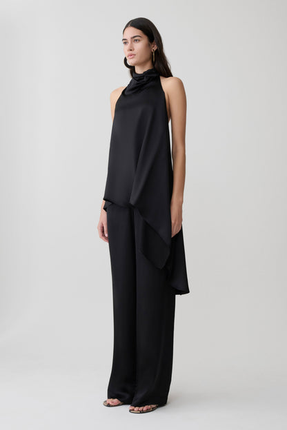 Sydney Asymmetrisches Satin Haltertop - Schwarz