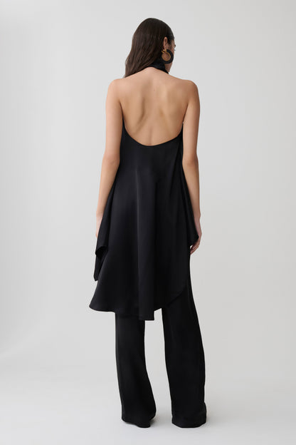 Sydney Asymmetrisches Satin Haltertop - Schwarz