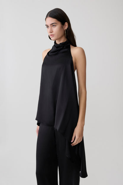 Sydney Asymmetrisches Satin Haltertop - Schwarz