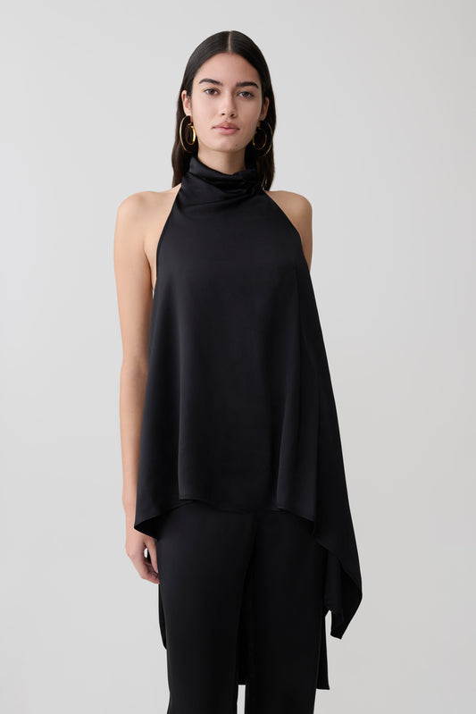 Sydney Asymmetrisches Satin Haltertop - Schwarz