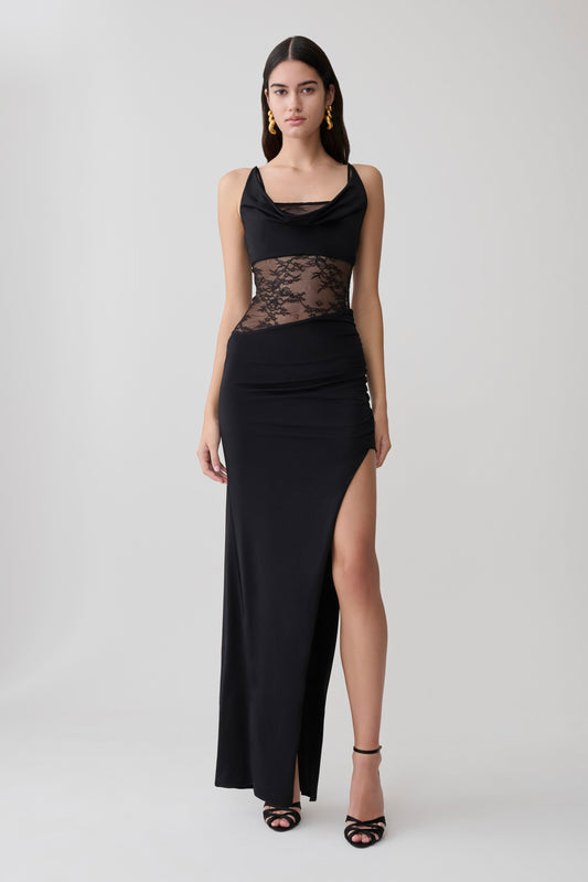 Kelela Draped Slinky And Lace Maxi Kleid - Schwarz