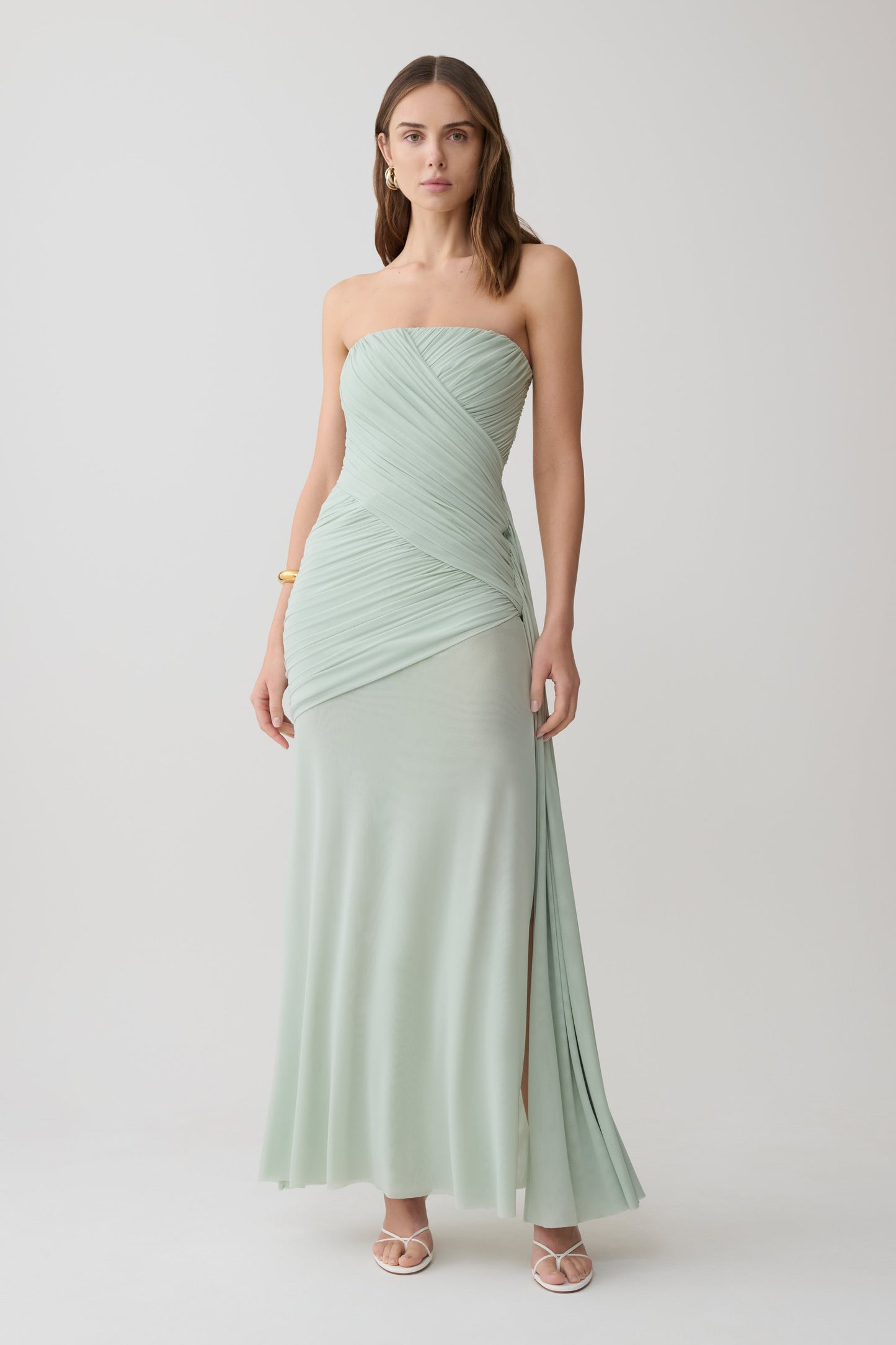 Monet Strapless Rüsch-Mesh Maxi-Kleid - Aqua Grau