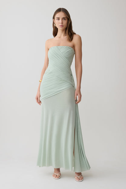 Monet Strapless Rüsch-Mesh Maxi-Kleid - Aqua Grau