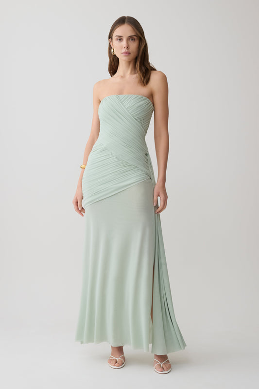 Monet Strapless Rüsch-Mesh Maxi-Kleid - Aqua Grau