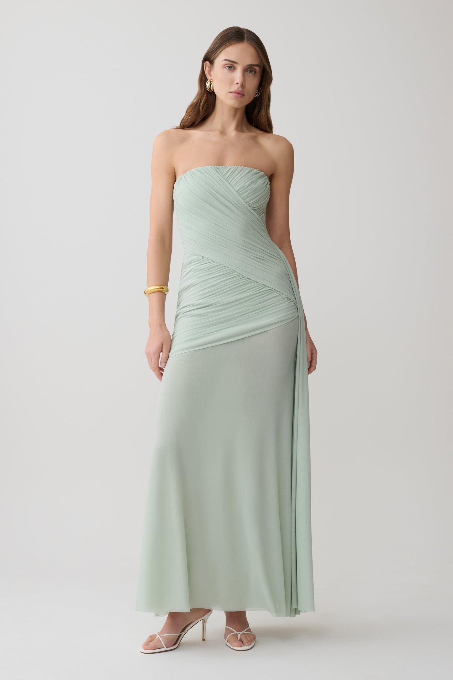 Monet Strapless Rüsch-Mesh Maxi-Kleid - Aqua Grau