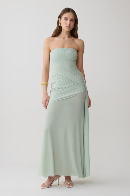 Monet Strapless Rüsch-Mesh Maxi-Kleid - Aqua Grau