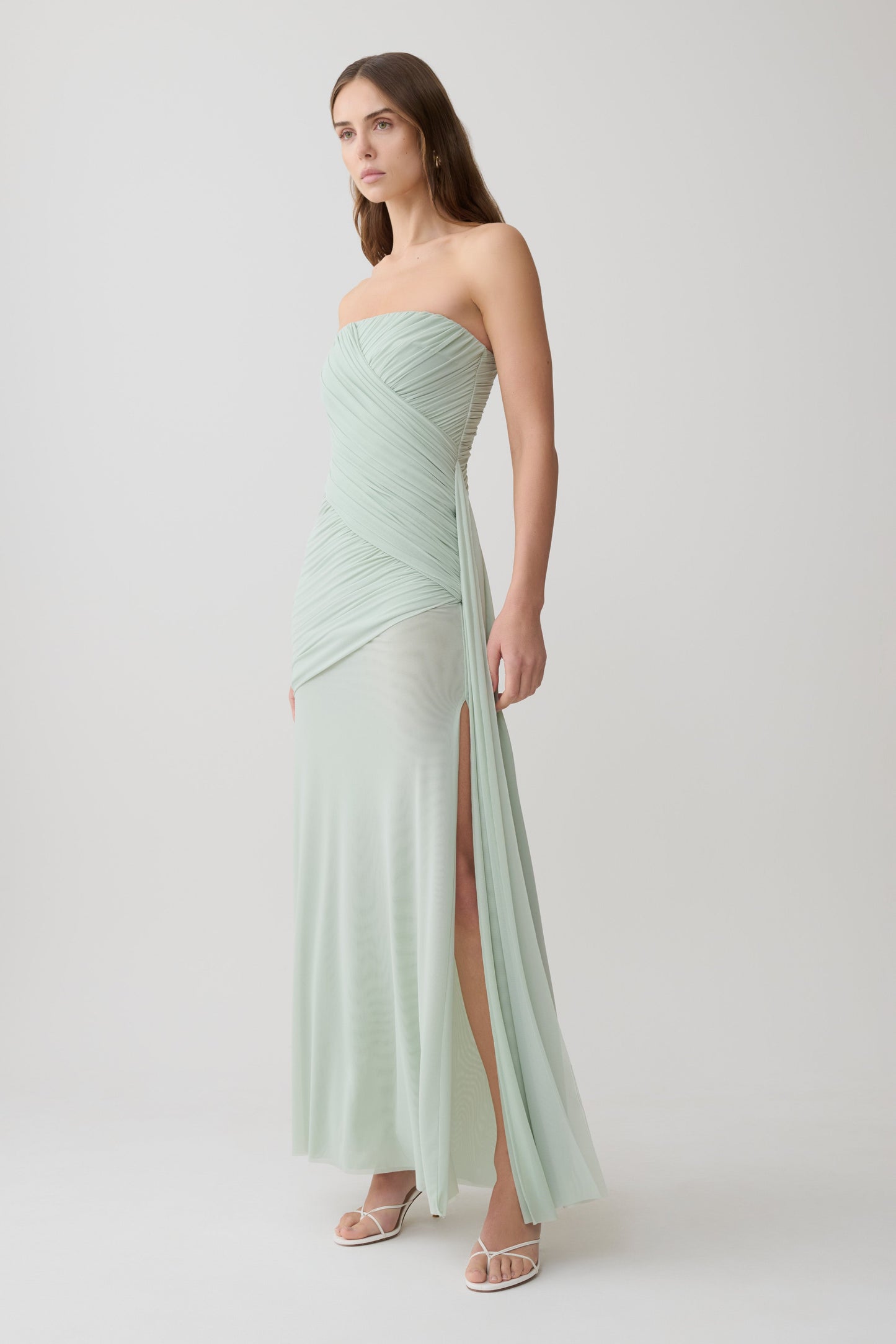 Monet Strapless Rüsch-Mesh Maxi-Kleid - Aqua Grau