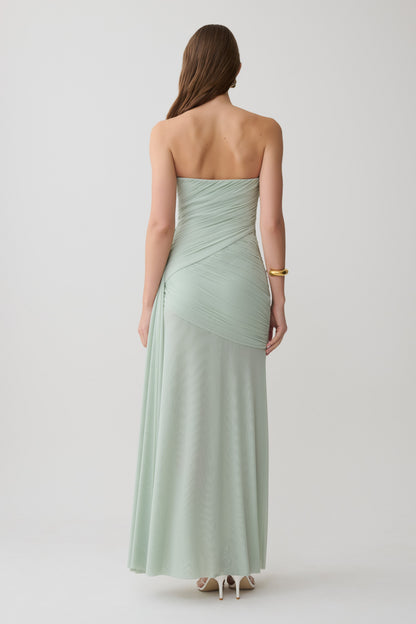 Monet Strapless Rüsch-Mesh Maxi-Kleid - Aqua Grau