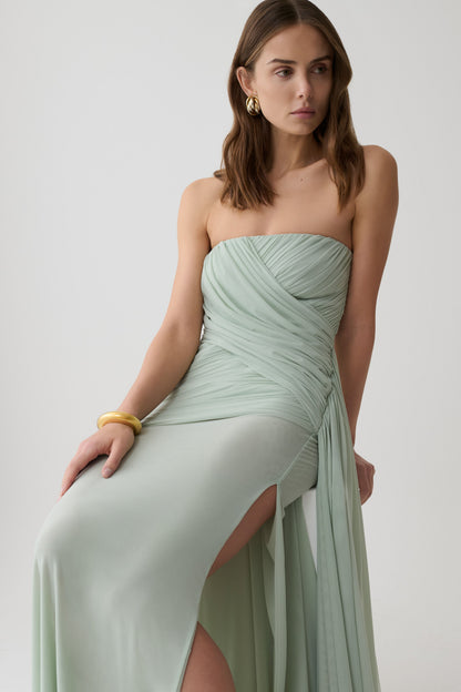 Monet Strapless Rüsch-Mesh Maxi-Kleid - Aqua Grau