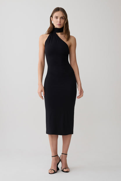 Jemma Ein-Schulter-Bindung Midi Kleid - Schwarz