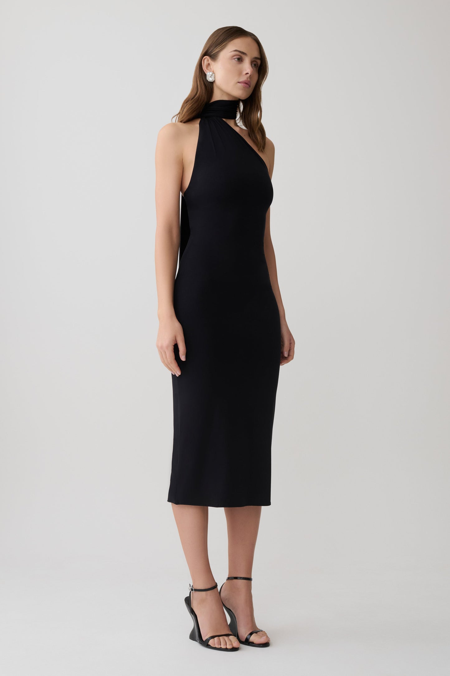 Jemma Ein-Schulter-Bindung Midi Kleid - Schwarz