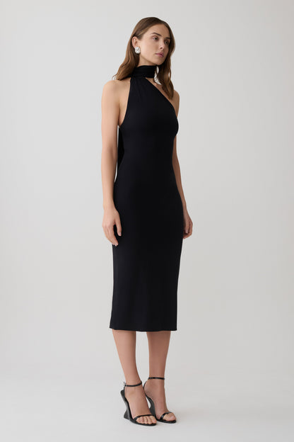 Jemma Ein-Schulter-Bindung Midi Kleid - Schwarz