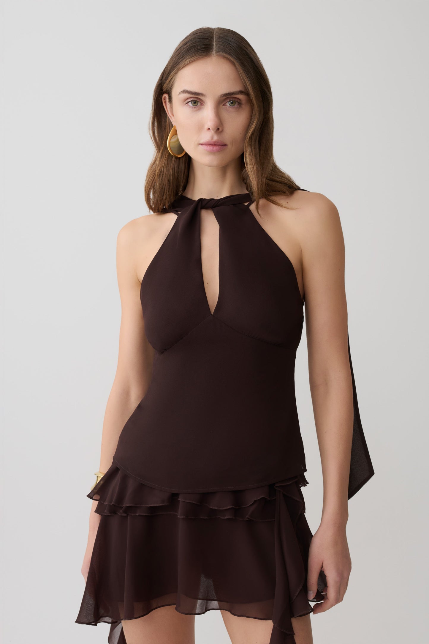 Nora Halter Chiffon-Top - Kakao Braun