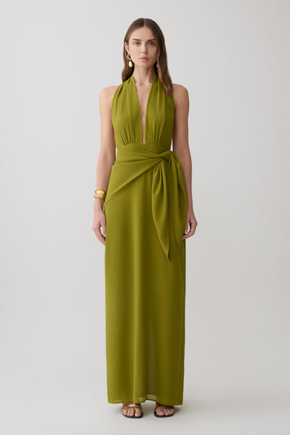 Gianna Satin Halter Maxikleid - Olive