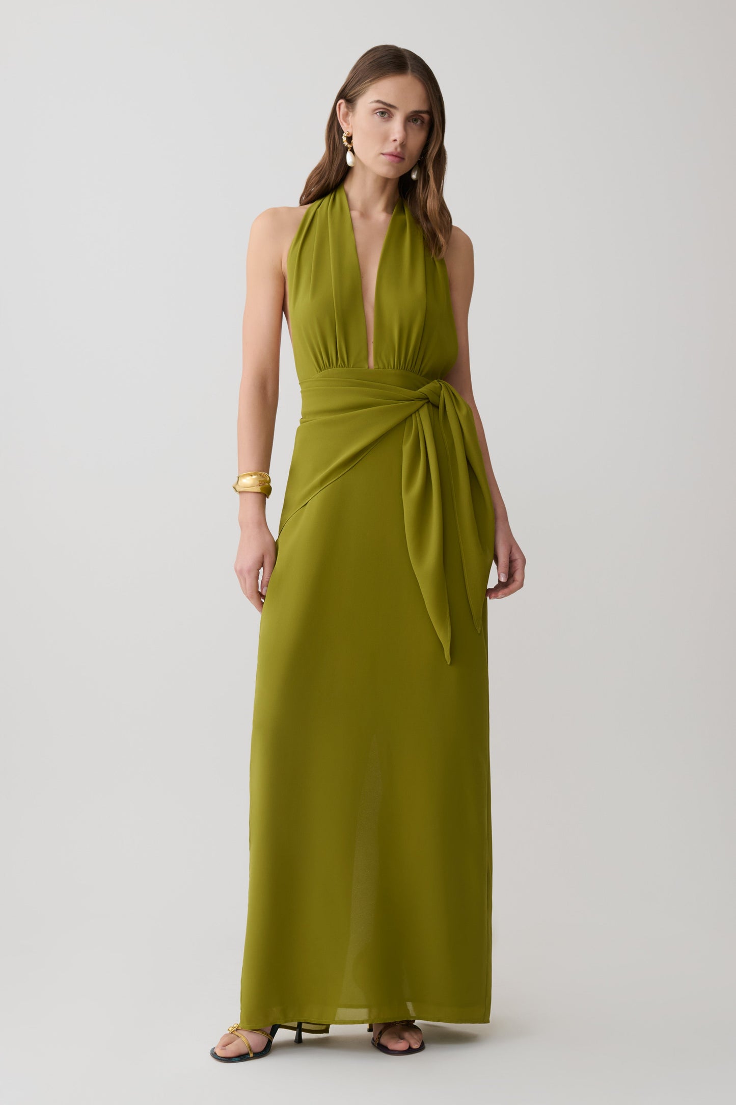 Gianna Satin Halter Maxikleid - Olive