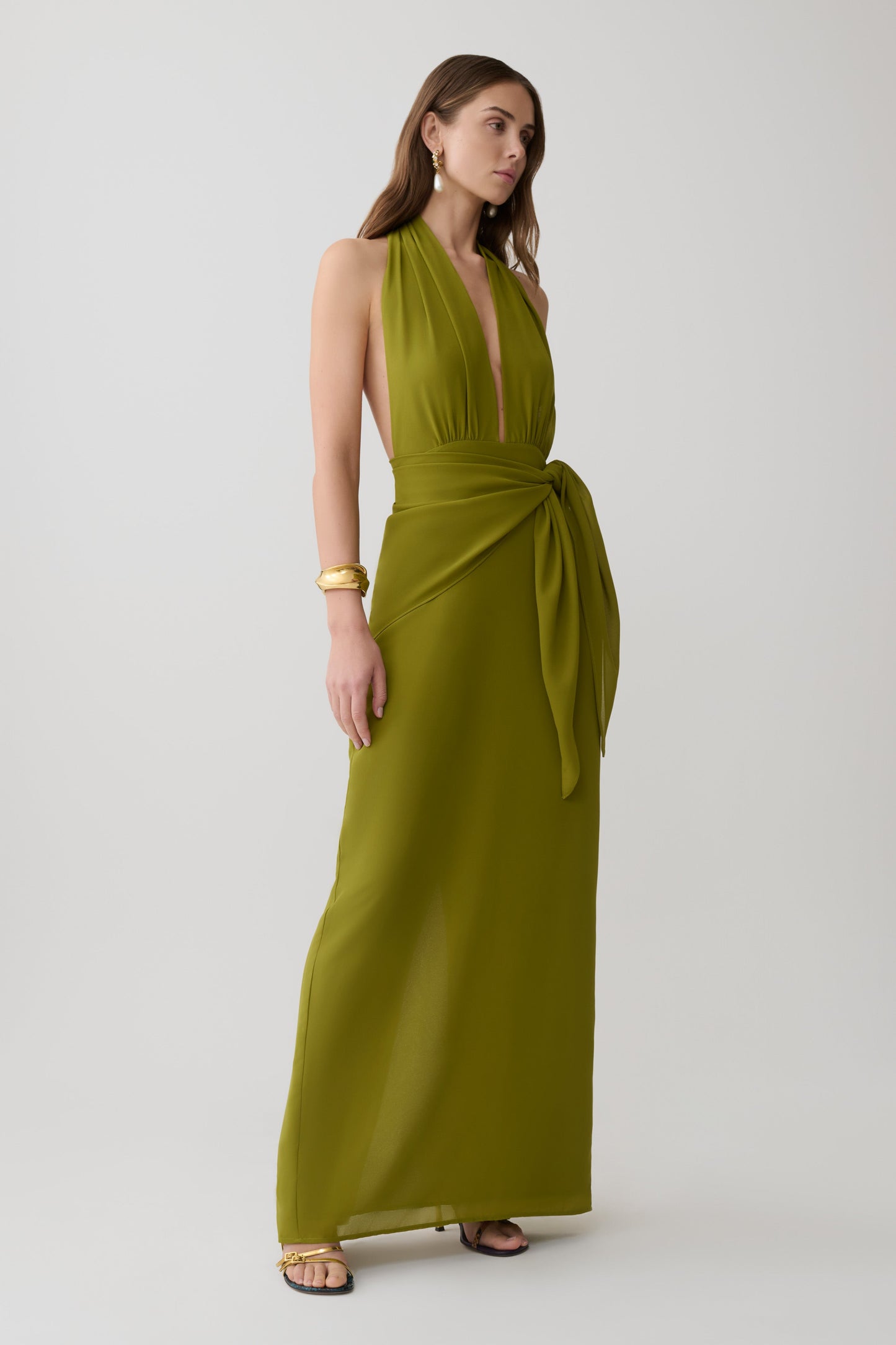 Gianna Satin Halter Maxikleid - Olive