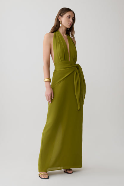 Gianna Satin Halter Maxikleid - Olive