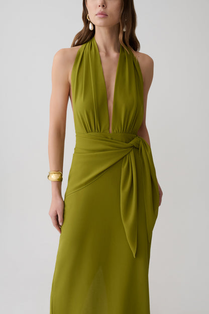 Gianna Satin Halter Maxikleid - Olive