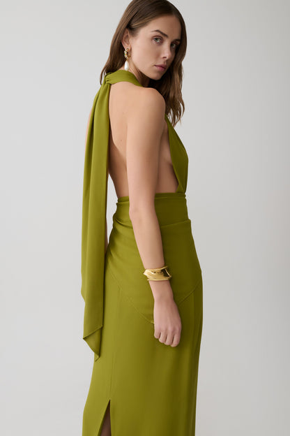 Gianna Satin Halter Maxikleid - Olive