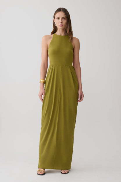Bahari Low Back Halter Maxi Kleid - Vintage Olive