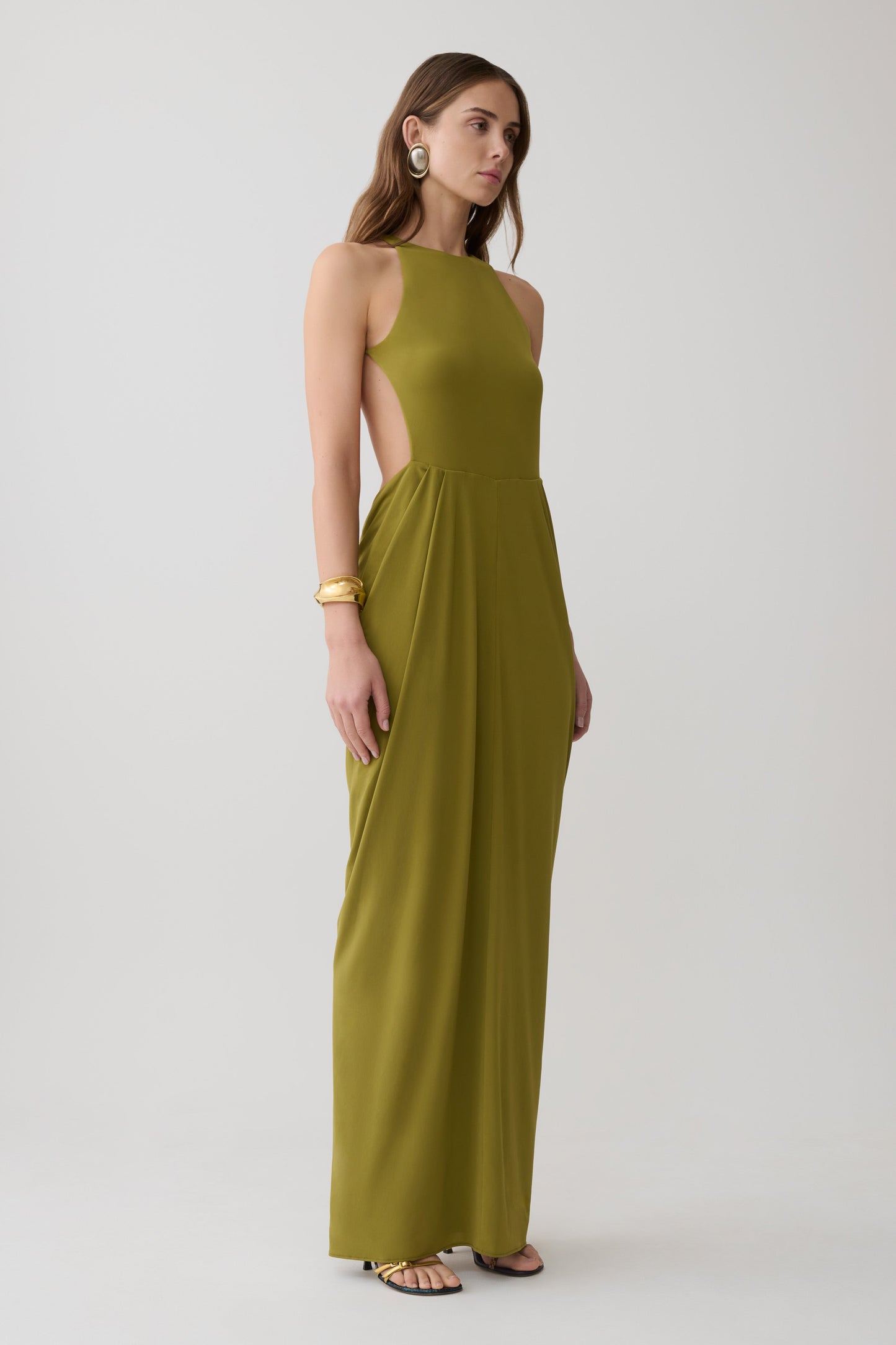 Bahari Low Back Halter Maxi Kleid - Vintage Olive