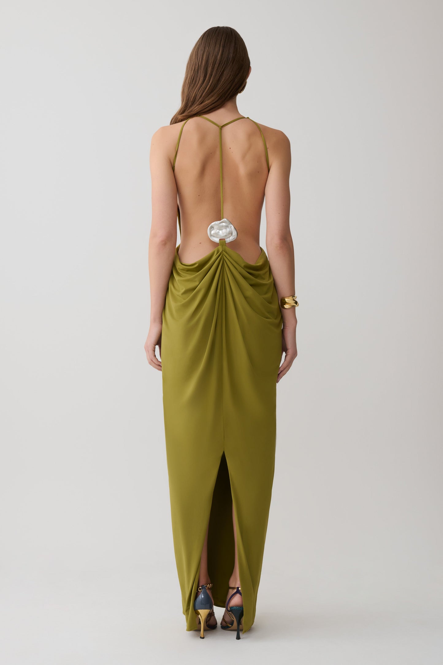 Bahari Low Back Halter Maxi Kleid - Vintage Olive