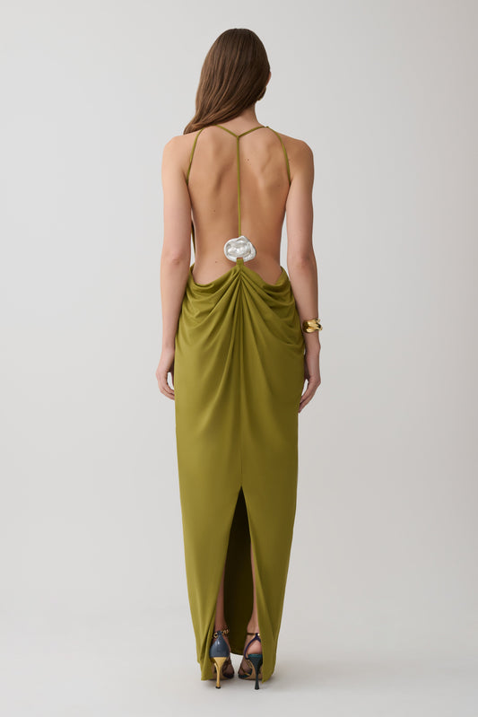Bahari Low Back Halter Maxi Kleid - Vintage Olive