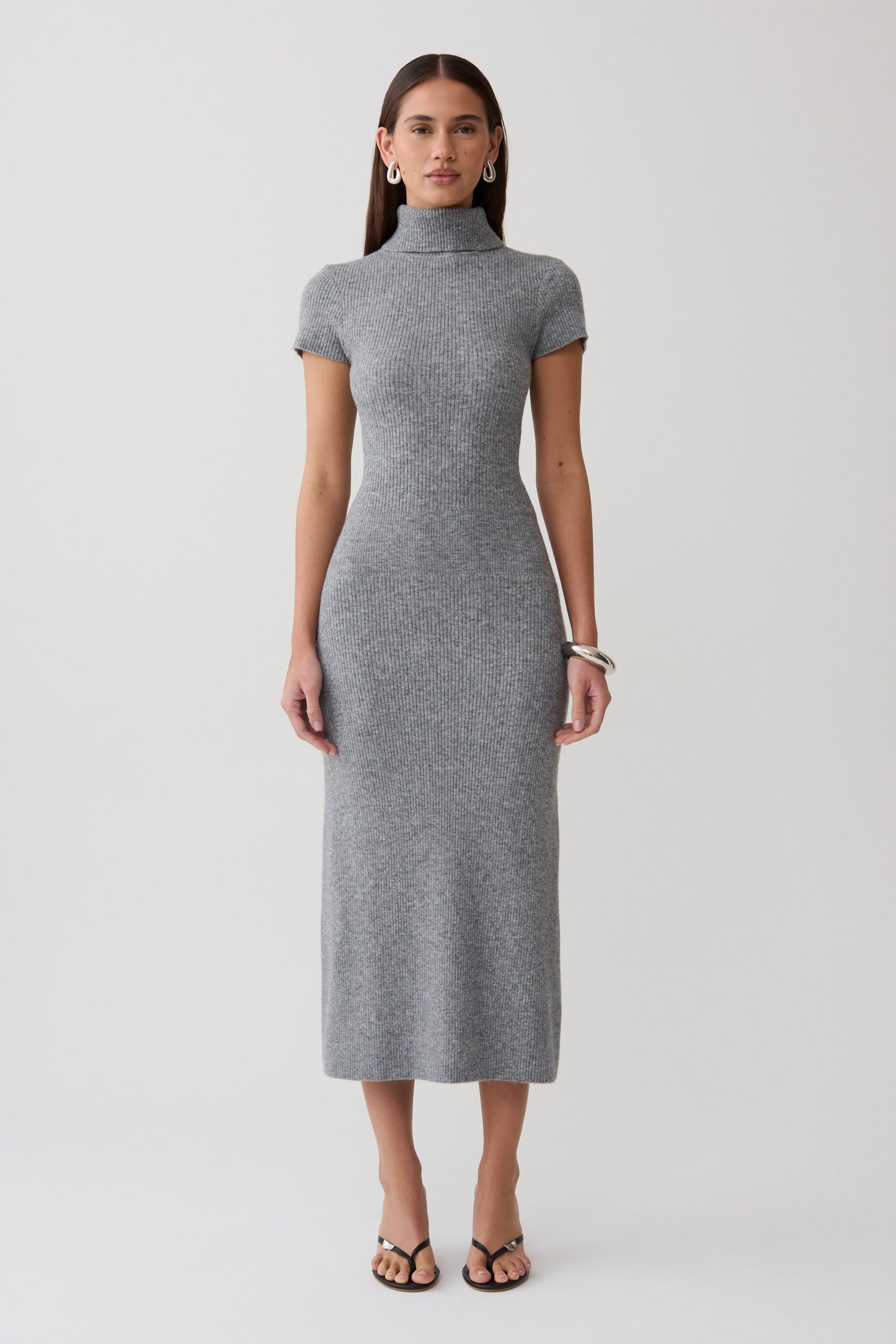Goldie Hoher Hals Strick Midi Kleid - Grau Meliert