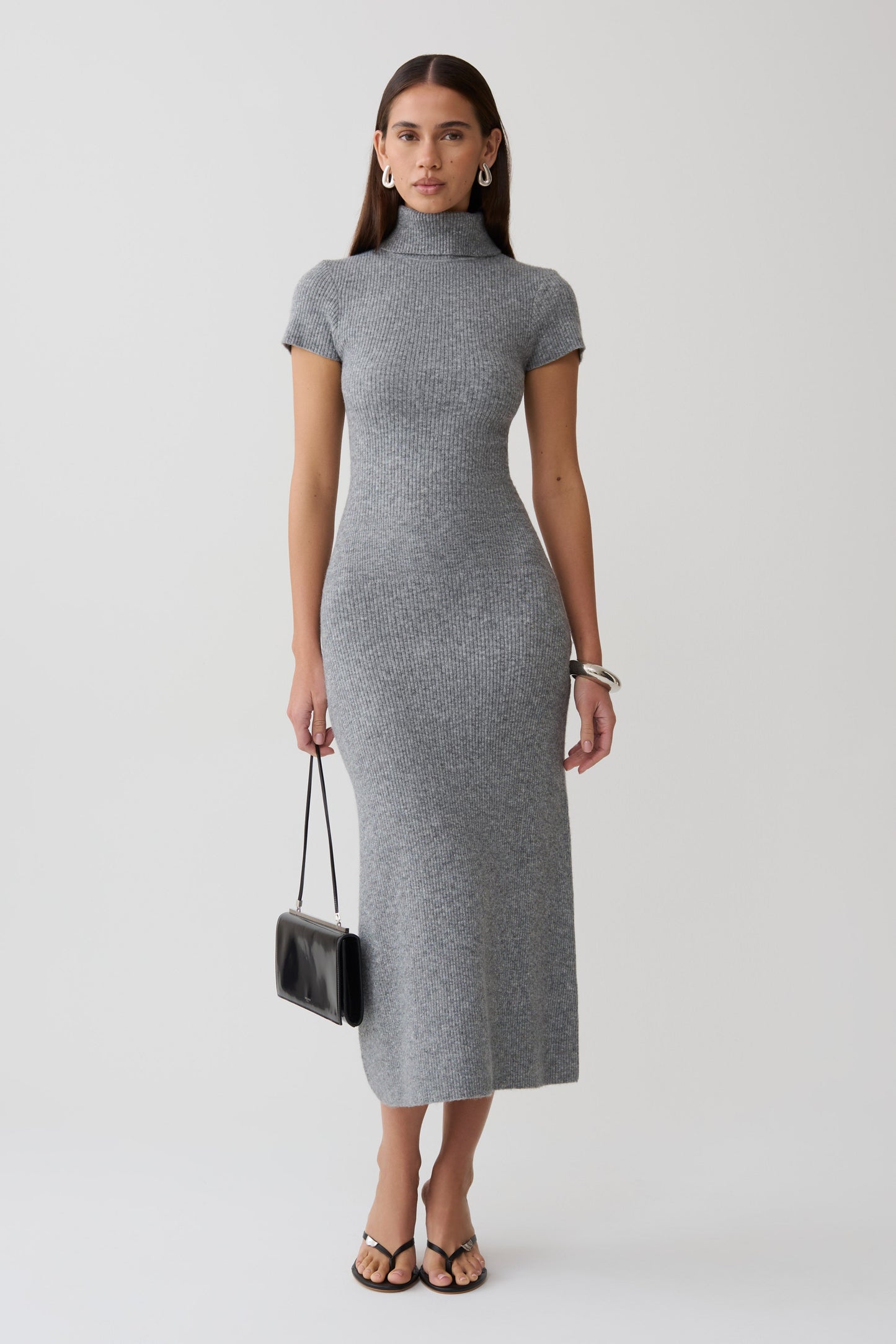 Goldie Hoher Hals Strick Midi Kleid - Grau Meliert